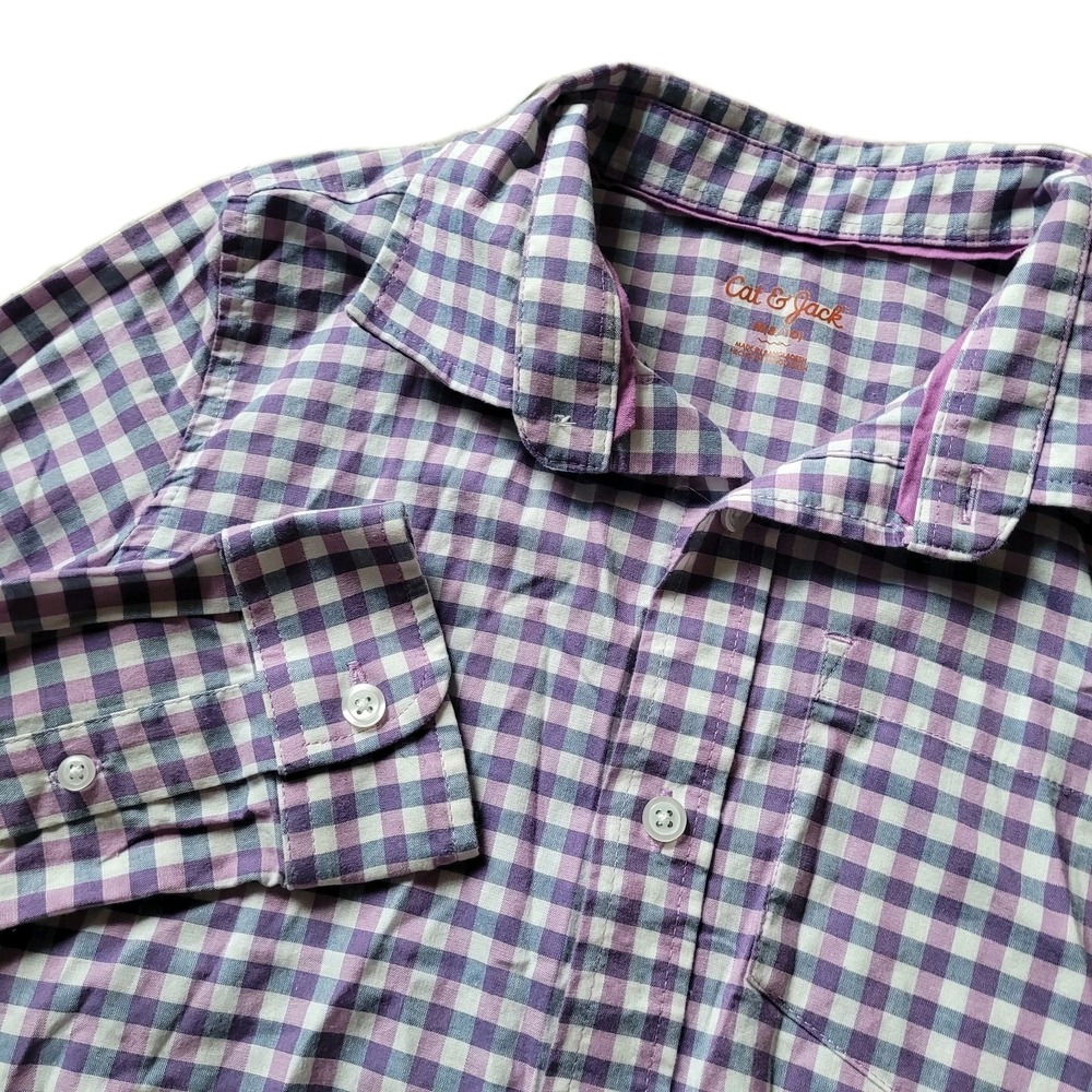 Cat & Jack Boys' Purple & White Gingham Button Up Shirt Size Medium 8-10 Easter